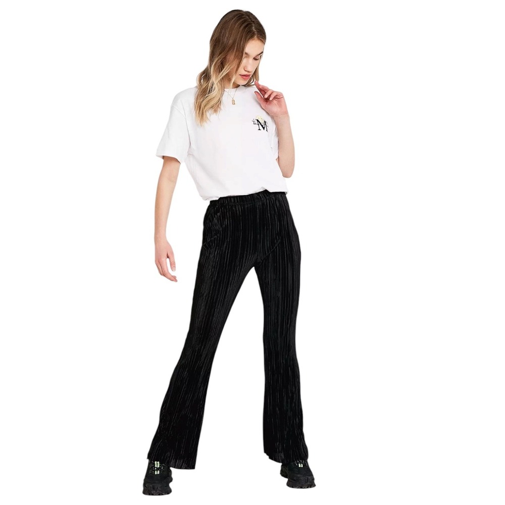 Urban Outfitters Black Plisse Flare Trousers Crushed Velvet High Waist Size XS